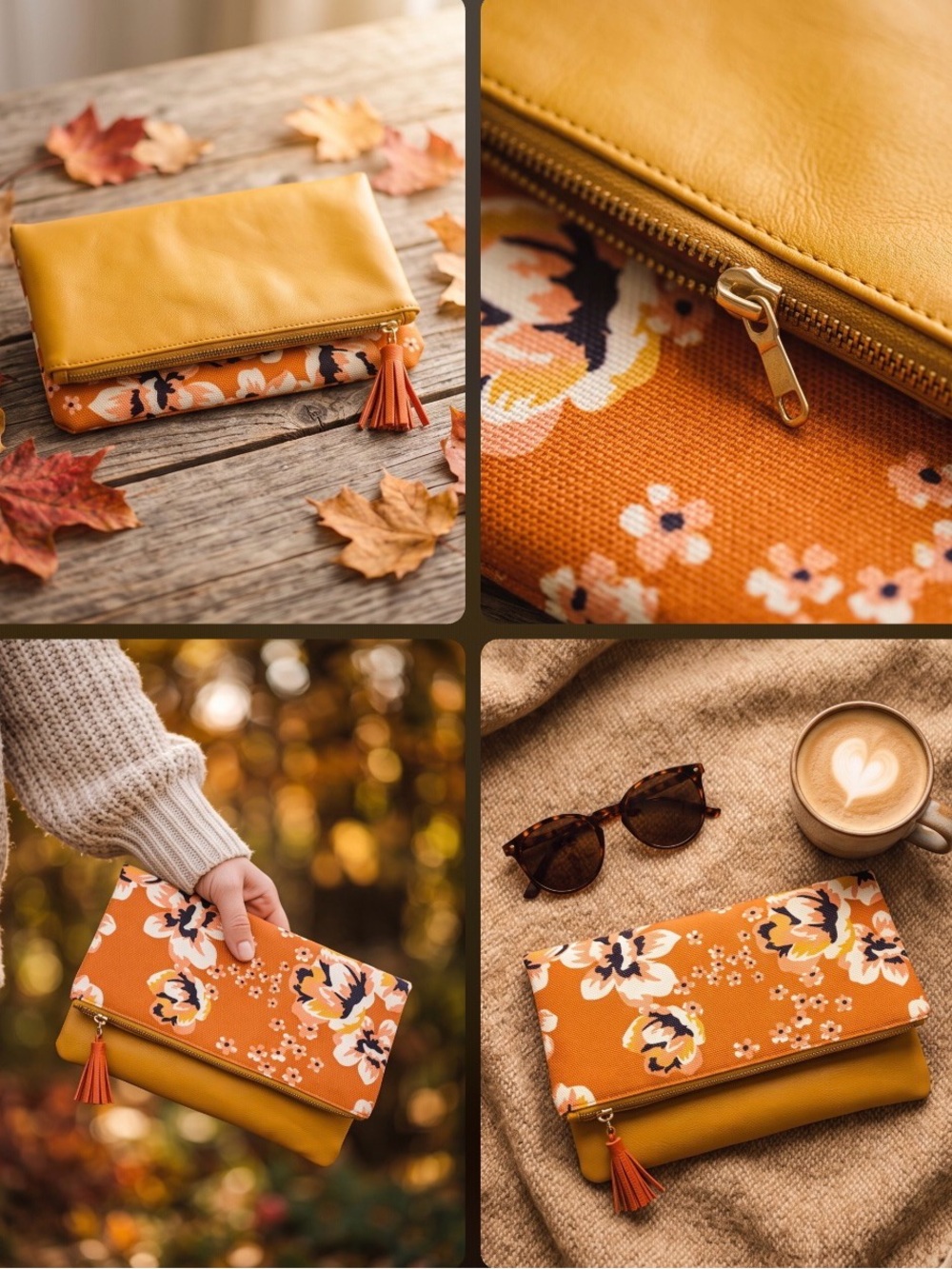 Rachel Pally Reversible Floral Fold-Over Clutch in Orange and Mustard w/ Tassel